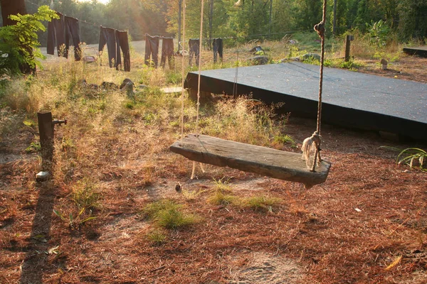 Arka planda çamaşır kurutma ile bir ağaçtan asılı bir çürük eski halat salıncak ile bir ülke ayarı. Bir 