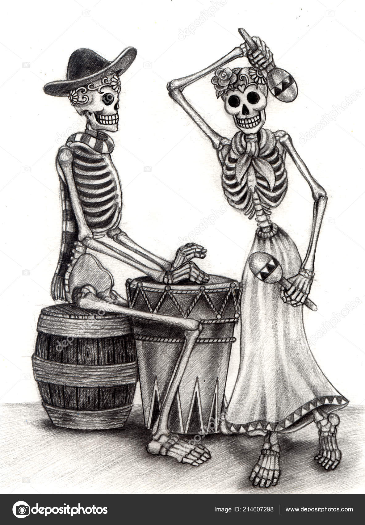 Art Couple Crâne Jour Des Morts Dessin Sur Papier Crayon