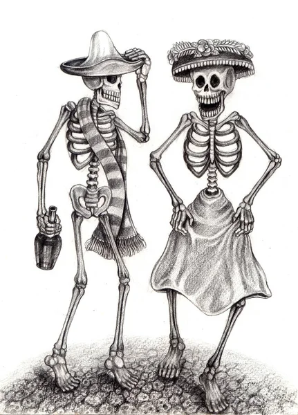 Art Couple Skull Day Dei Morti Disegno Matita Carta — Foto Stock