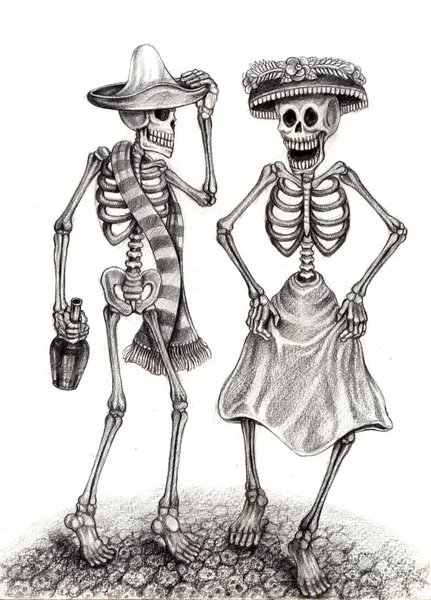 Art Couple Skull Day Dead Desenho Lápis Mão Sobre Papel — Fotografia de Stock