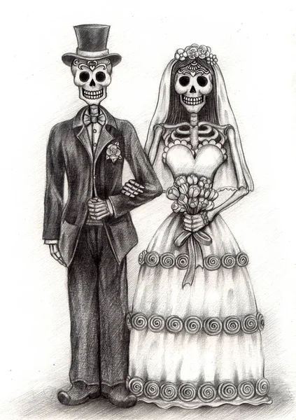 Art Couple Skull Day Dead Hand Pencil Drawing Paper — Stock Photo, Image