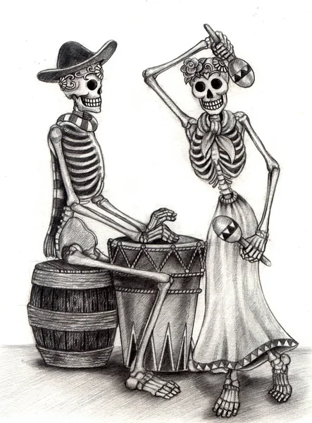 Art Couple Skull Day Dead Desenho Lápis Mão Sobre Papel — Fotografia de Stock