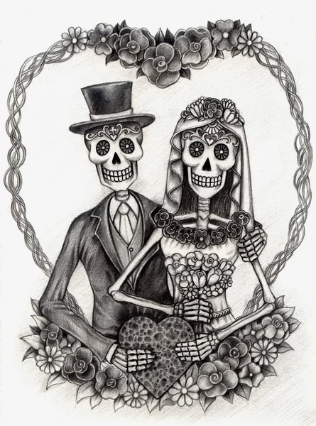 Arte Pareja Cráneos Boda Día Los Muertos Dibujo Lápiz Mano —  Fotos de Stock
