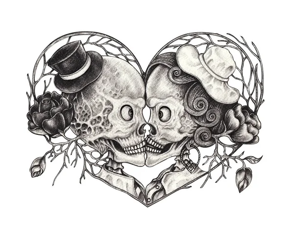 Art Surreal Couple Skulls Crayon Main Dessin Sur Papier — Photo