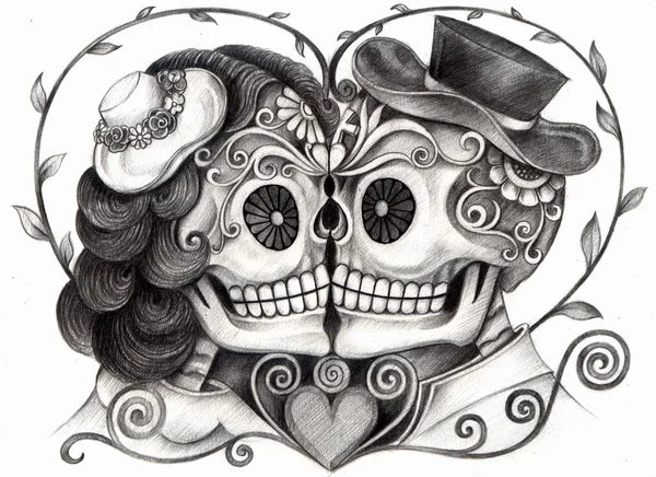 Art Couple Skulls Día Los Muertos Dibujo Lápiz Mano Sobre — Foto de Stock