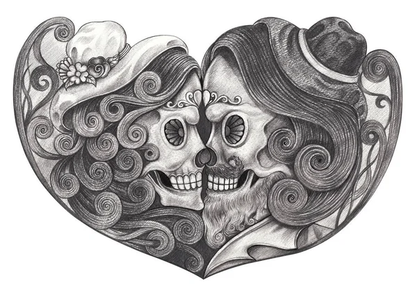 Art Couple Skulls Día Los Muertos Dibujo Lápiz Mano Sobre — Foto de Stock