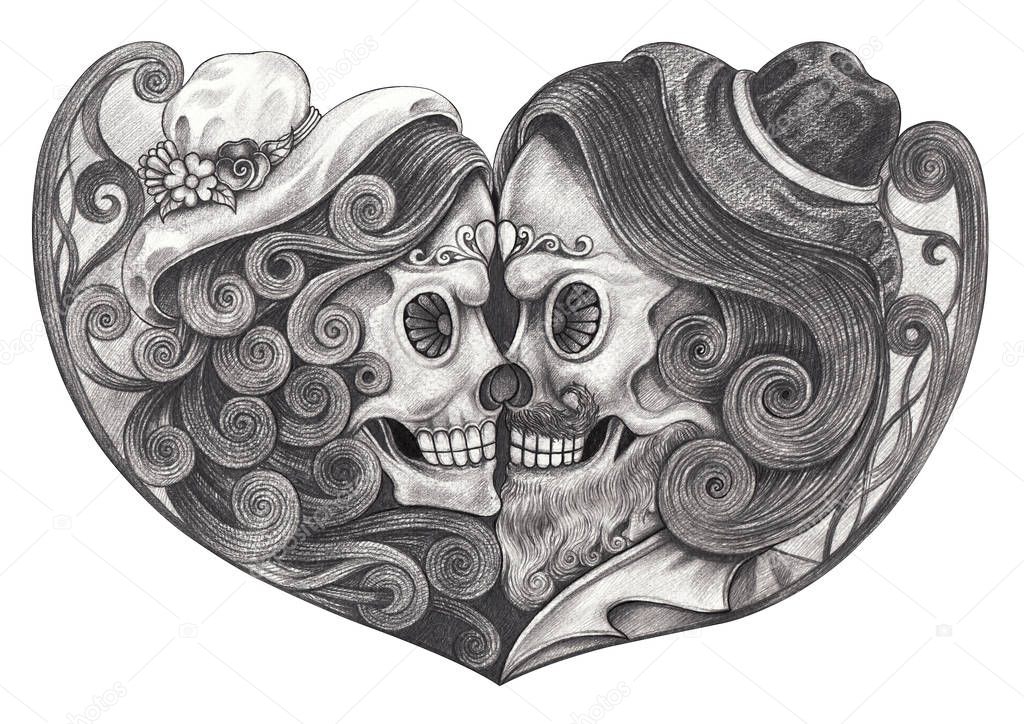 Art Couple Skulls Day of the dead. Hand pencil drawing on paper.