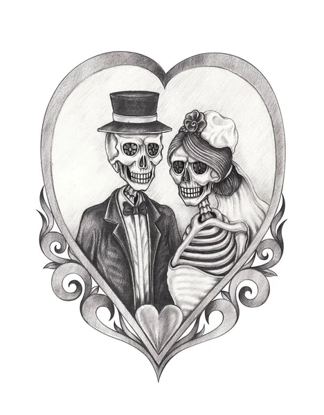 Arte Pareja Cráneos Boda Día Los Muertos Dibujo Lápiz Mano —  Fotos de Stock