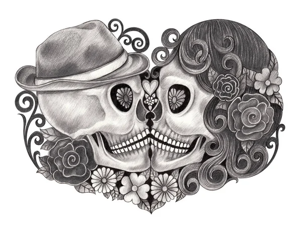 Art Couple Skulls Día Los Muertos Dibujo Lápiz Mano Sobre —  Fotos de Stock