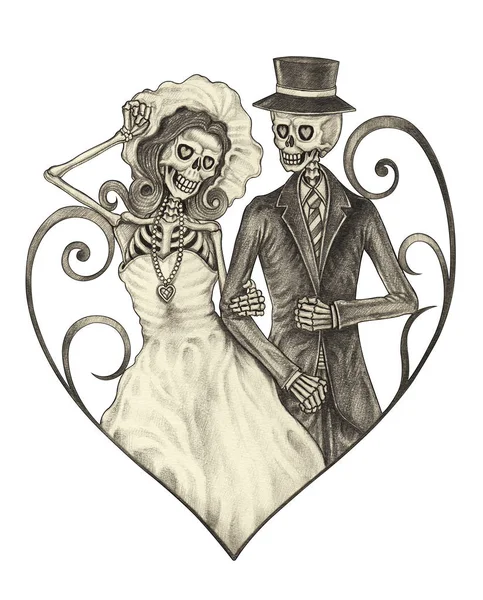 Arte Pareja Cráneos Boda Día Los Muertos Dibujo Mano Sobre — Foto de Stock