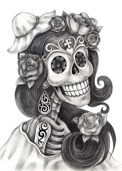 Modelo Moda Mujer Skull Hand Dibujo Sobre Papel — Foto de Stock