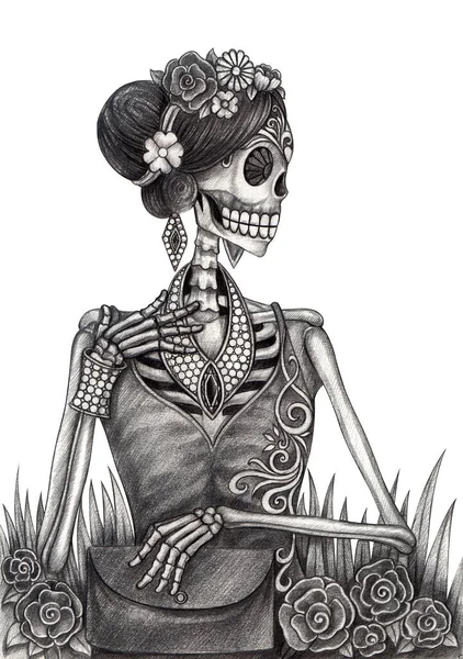 Modelo Moda Mujer Skull Hand Dibujo Sobre Papel — Foto de Stock