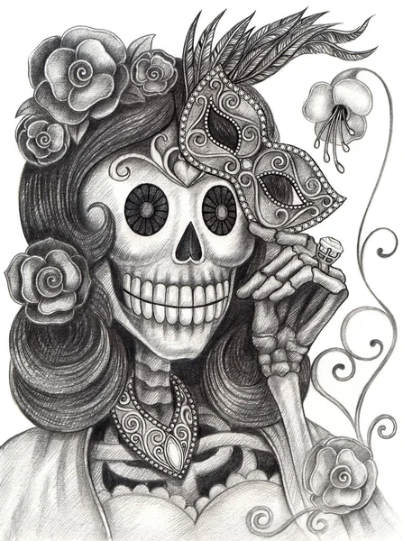 Elegante Modelo Moda Mujer Skull Hnad Dibujo Sobre Papel —  Fotos de Stock