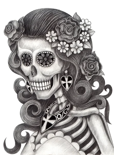 Modelo Moda Mujer Skull Hand Dibujo Sobre Papel — Foto de Stock
