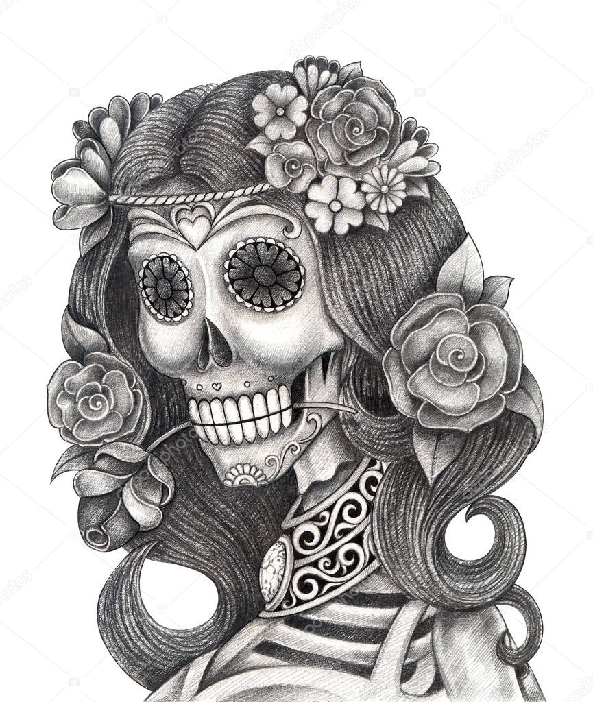 Fashion Model Woman Skull.Hand drawing on paper.