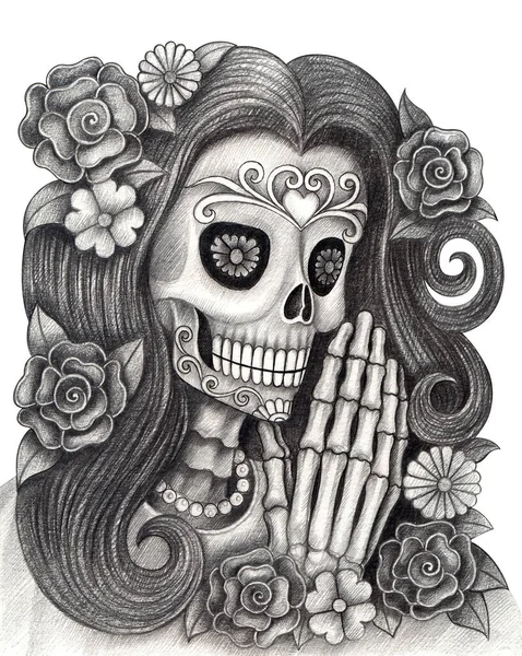 Woman Skull Day Dead Hand Drawing Paper — Stock Photo, Image