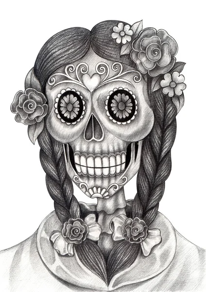 Sugar Skull Girl Day Dead Desenho Mão Sobre Papel — Fotografia de Stock