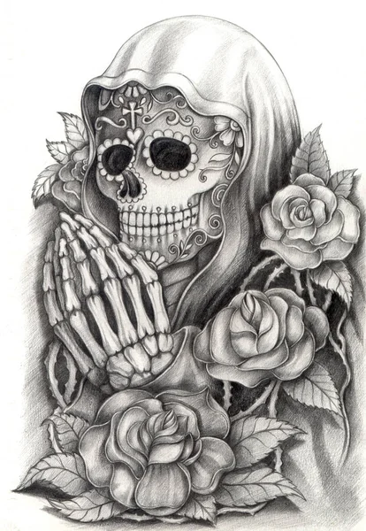 Art Romantic Skull Day Of The Dead.Hand Pencil Drawing On Paper. Stock  Photo, Picture and Royalty Free Image. Image 90536405.