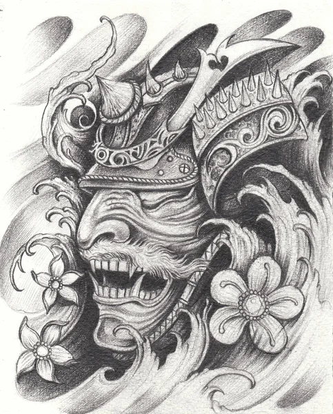 Samurai warrior tattoo design.Hand pencil drawing on paper.