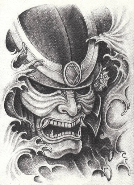 Samurai warrior tattoo design.Hand pencil drawing on paper.