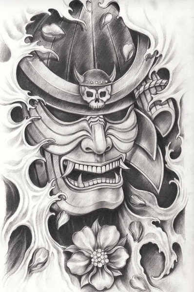 Samurai warrior tattoo design.Hand pencil drawing on paper.