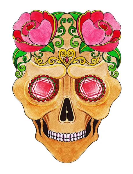 Cráneo Azúcar Día Los Muertos Pintura Mano Sobre Papel — Foto de Stock