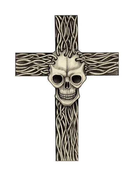 Tatuagem Cruzada Crânio Surreal Desenho Mão Sobre Papel — Fotografia de Stock
