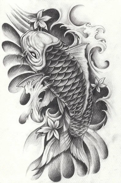 Fancy Carp Fissh Tattoo Hand Crayon Dessin Sur Papier — Photo