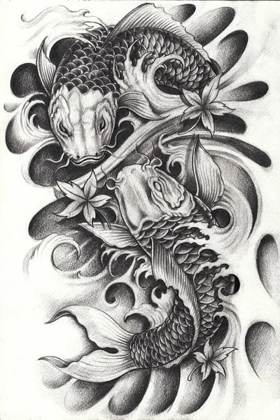 Fancy Carp Fissh Tattoo Hand Crayon Dessin Sur Papier — Photo