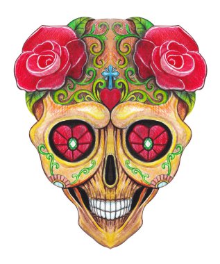 Ölülerin şeker kafatası günü. Kağıt üzerinde el boyası.