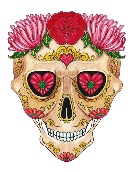 Sugar skull day of the dead. Hand watercolor painting on paper.