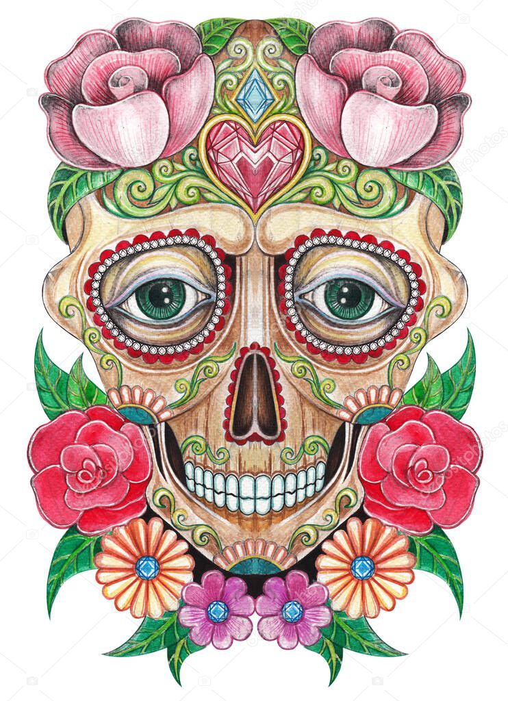 Sugar skull day of the dead. Hand watercolor painting on paper.