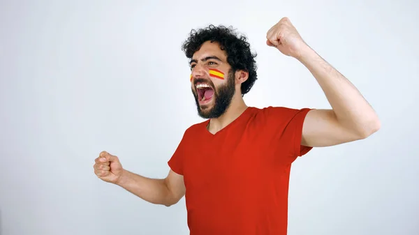 Sport Fan Schreeuwen Voor Triomf Van Zijn Team Man Met — Stockfoto