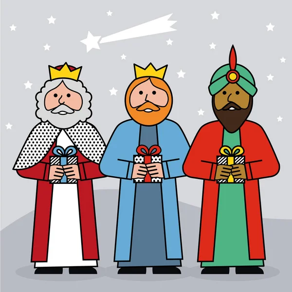 三位在灰色背景下的东方国王 圣诞快乐 — 图库矢量图片