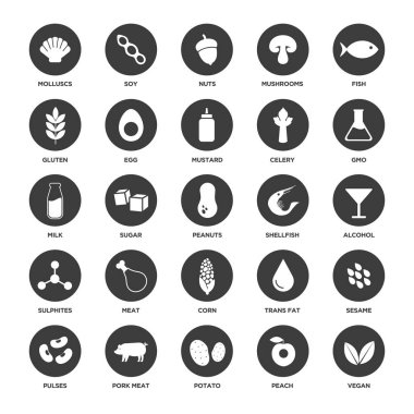 Alerjen gıda Icons set. Siyah ve beyaz. Vektör çizim.