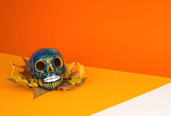 Layout Creativo Minimale Day Dead Halloween Teschio Foglie Secche Sfondo — Foto Stock