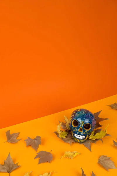 할로윈의 창의적이 최소한의 레이아웃 두개골 그리고 오렌지 바탕에 나뭇잎입니다 — 스톡 사진