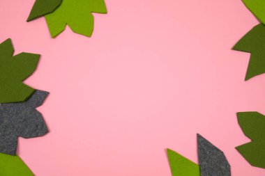 Yaratıcı sonbahar düzeni. Keçe, pembe arka plan bırakır. Kenarlık düzenleme. Düz yatıyordu üstten görünüm. Kopya alanı.