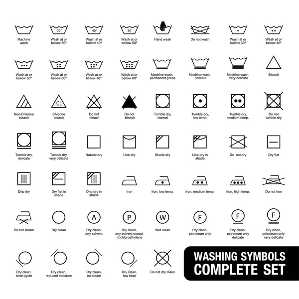 Çamaşırhane Semboller Vektör Çizim Baskı Etiket Kumaş Icon Set — Stok Vektör
