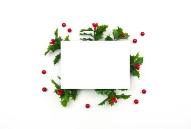 Yaratıcı Noel düzeni. Beyaz arka plan beyaz kopya alanı üzerinde ökse otu. Düz yatıyordu üstten görünüm.