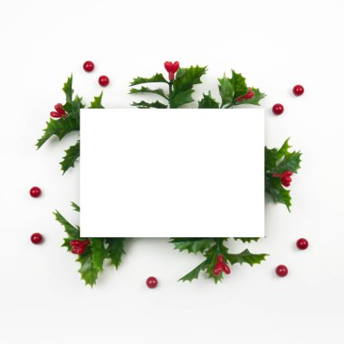 Yaratıcı Noel düzeni. Beyaz arka plan beyaz kopya alanı üzerinde ökse otu. Düz yatıyordu üstten görünüm.