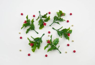 Yaratıcı Noel düzeni. Beyaz arka plan üzerinde ökse otu. Düz yatıyordu üstten görünüm.