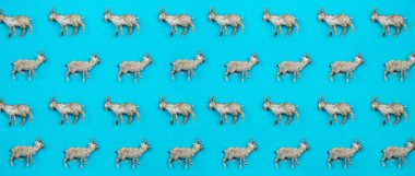 Keçi yaratıcı ve minimal desen yaptı. Mavi arka plan. Düz yatıyordu üstten görünüm.