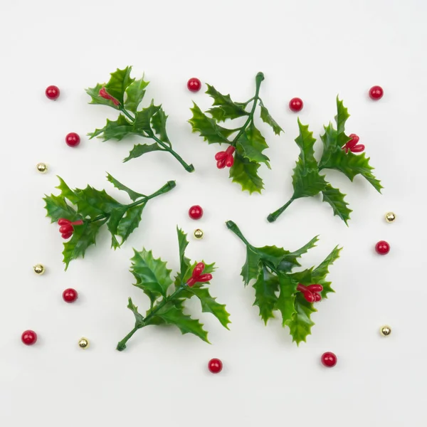 Yaratıcı Noel düzeni. Beyaz arka plan üzerinde ökse otu. Düz yatıyordu üstten görünüm.