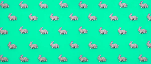 Creative Minimal Pattern Made Rabbits Green Background Flat Lay Top — Stock Photo, Image