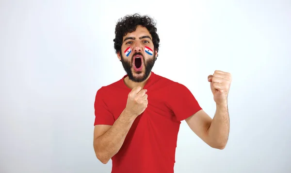 스포츠 승리를 비명을 지르고 있습니다 파라과이 메이크업의 깃발을 얼굴에 티셔츠를 — 스톡 사진