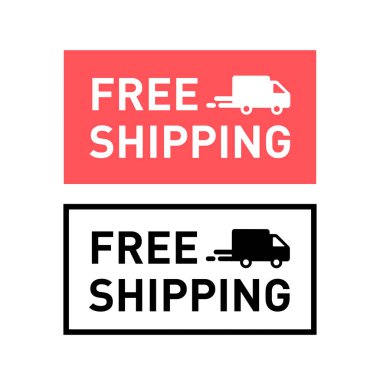 Ücretsiz nakliye. Kamyon ikonlu rozet. Düz vektör illüstrasyonu.