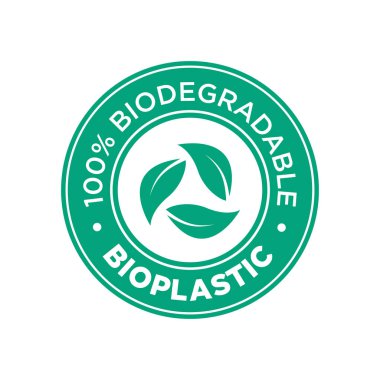 Biyoplastik. %100 Biyolojik olarak parçalanabilir simge. Yuvarlak ve yeşil sembol.