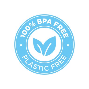%100 Bpa ücretsiz. % 100 Plastik ücretsiz simgesi. Yuvarlak mavi sembol.