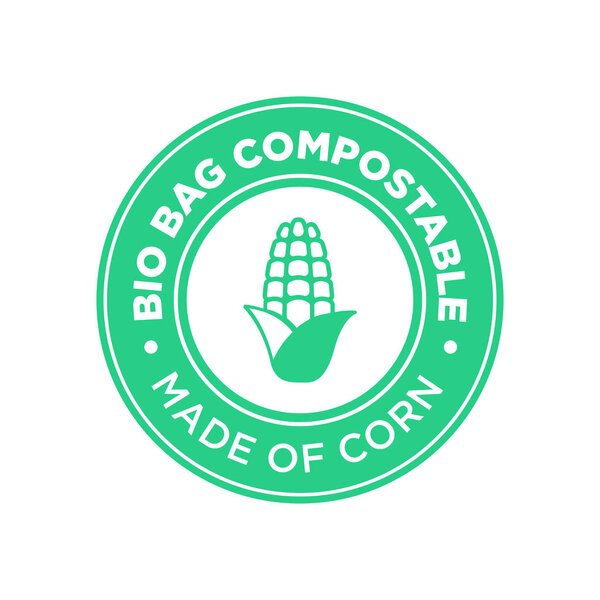 Bio Bag Compostable made of corn. Round and green symbol.